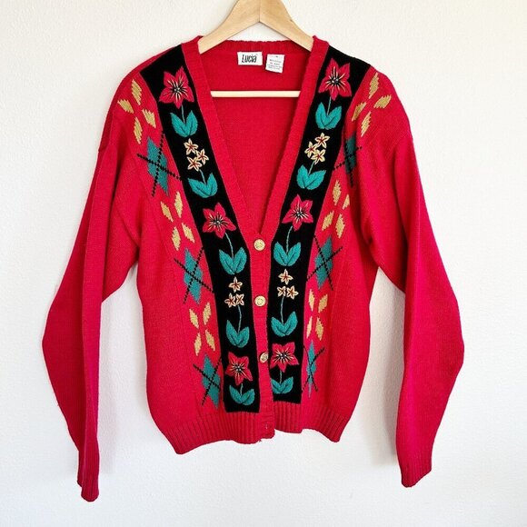 Vtg Lucia Sweater Floral Cardigan Button Down Gold Button Grandma - Picture 1 of 10